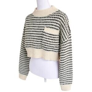 POL Fuzzy Stripe Cropped Boxy
 Sweater Small Black Blue Cream Textured Knit